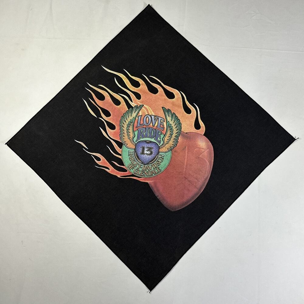 Vintage Harley Davidson Bandana Love Ride 13 Glendale CA Flame Heart 1996 Black